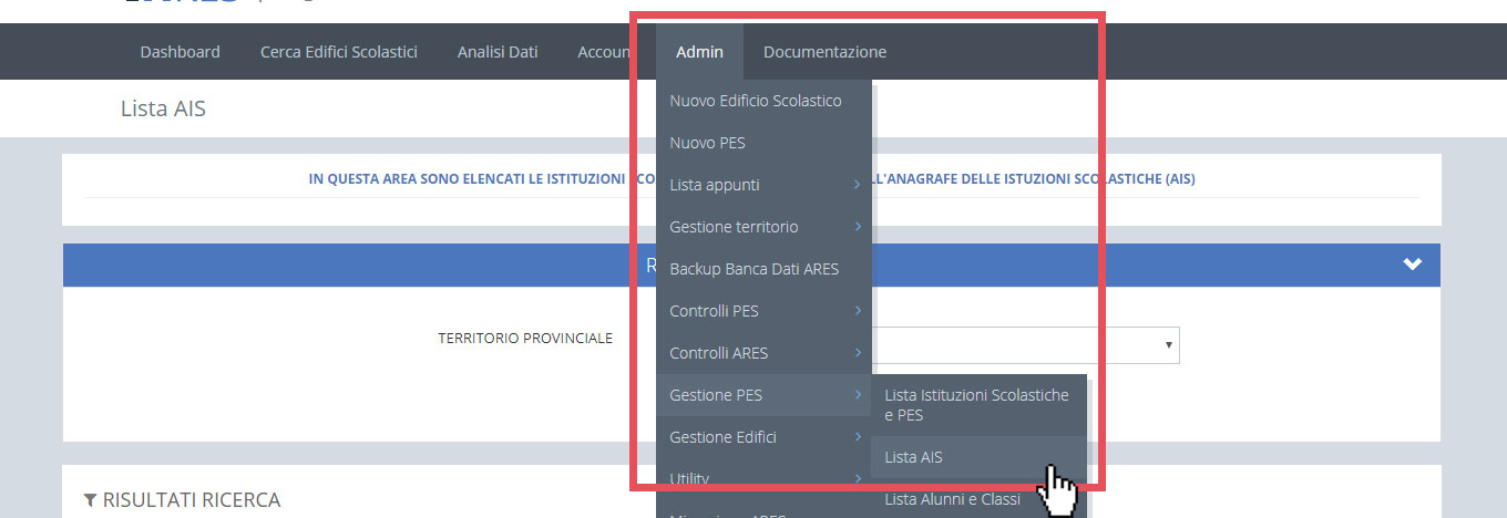immagine menu admin, gestione PES, lista AIS