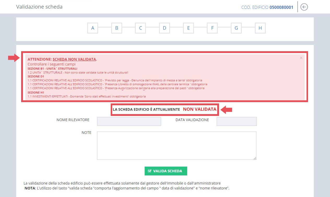 immagine pagina validazione scheda, messaggio di errore